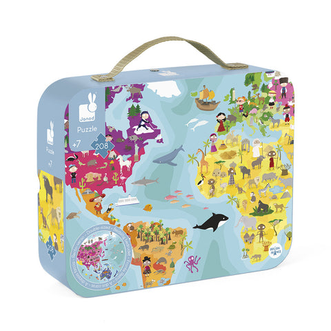 Janod Suitcase Puzzle: World Both Side Rounded 208 Pieces
